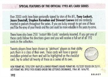 1993 Select AFL #192 Checklist Back